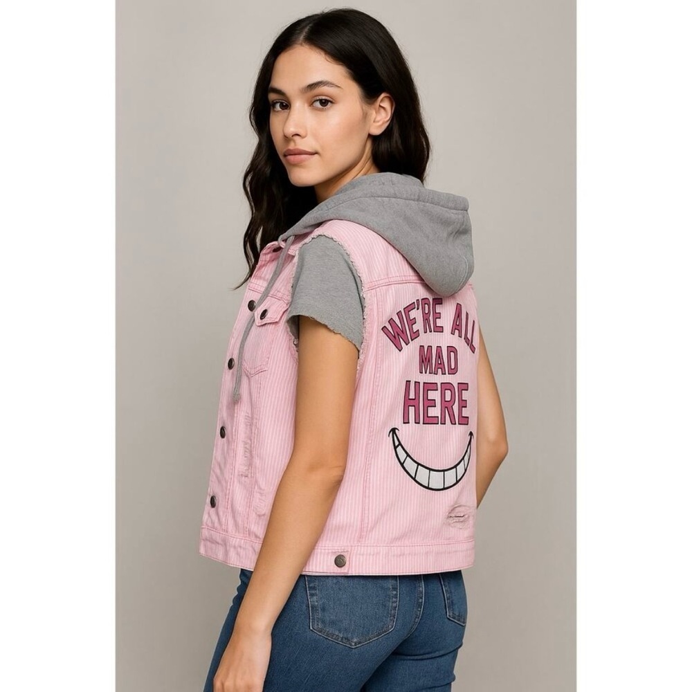 Disney Cheshire Cat Alice in Wonderland Vest Hoodie Size Small Pink White Stripe